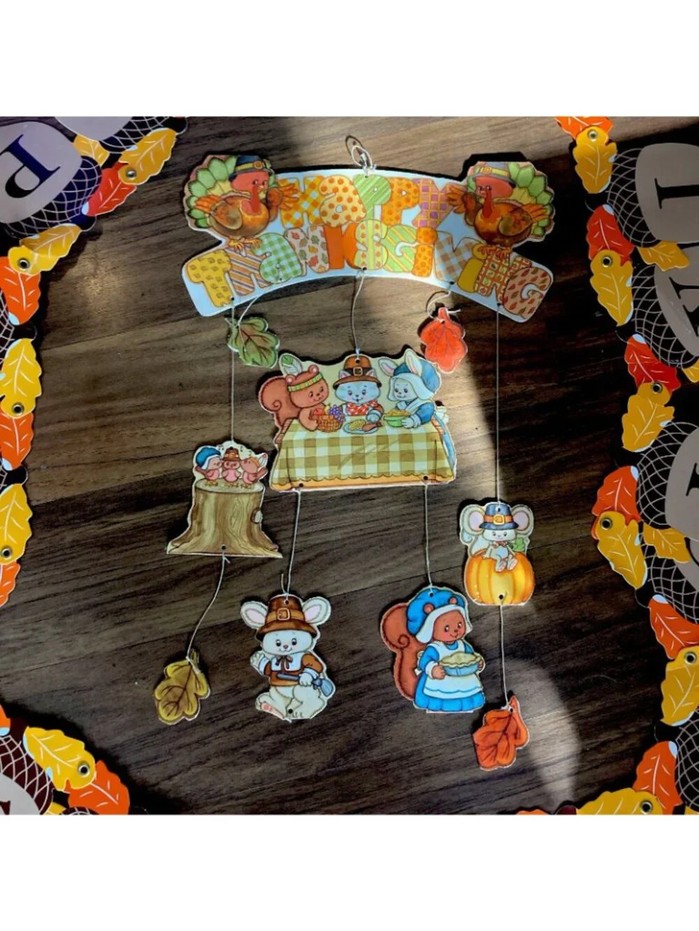 VTG Happy Thanksgiving Letter Garland w Leaf Acorn Cutouts Hanging 2 pc 1980’s